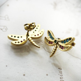 Boucles d'oreilles Libéllule en Argent Sterling 925 Strass Vert et Rose