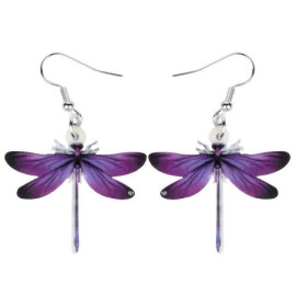 Boucles d'oreilles pendantes Libéllule en Acrylique couleur Violet