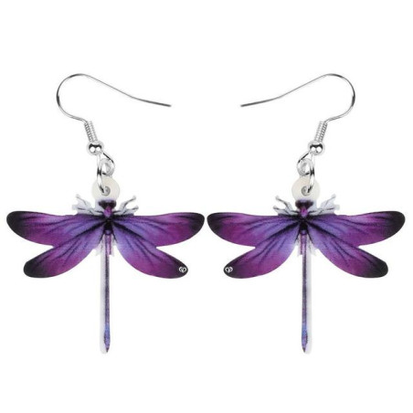 Boucles d'oreilles pendantes Libéllule en Acrylique couleur Violet