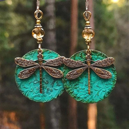 Vue Détaillée des Boucles d'oreilles pendantes Libéllule Vintage en bronze Couleur Vert Ethnique