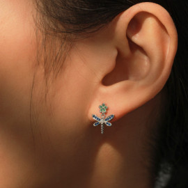 Boucles d'oreilles Libéllule Violet et Fleur Verte en Argent Sterling 925