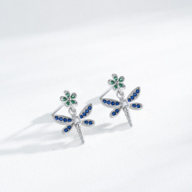 Détails des Boucles d'oreilles Libéllule Violet et Fleur Verte en Argent Sterling 925