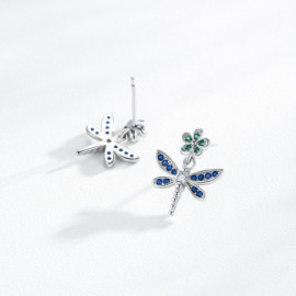 Vue arrière des Boucles d'oreilles Libéllule Violet et Fleur Verte en Argent Sterling 925