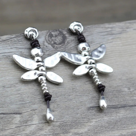 Pendientes Libélula de Cuero y Plata | Joyería Original Mujer