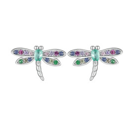 Boucles d'oreilles Libéllule en Argent Sterling 925 Strass Arc-en-Ciel