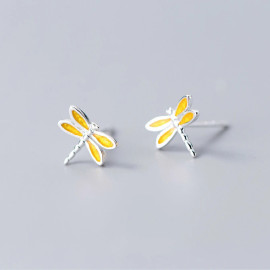Boucles d'oreilles Libéllule émail Jaune et Argent Sterling 925