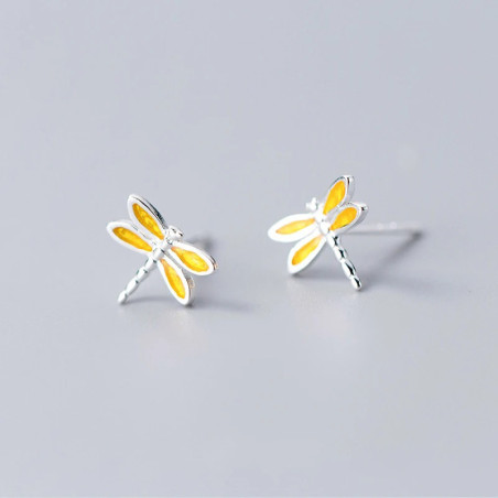 Boucles d'oreilles Libéllule émail Jaune et Argent Sterling 925