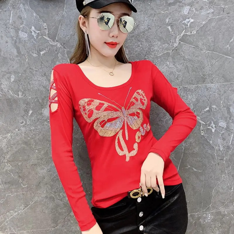 T-shirt Grand Papillon Strass et inscription "LOVE" manches longues - couleur rouge