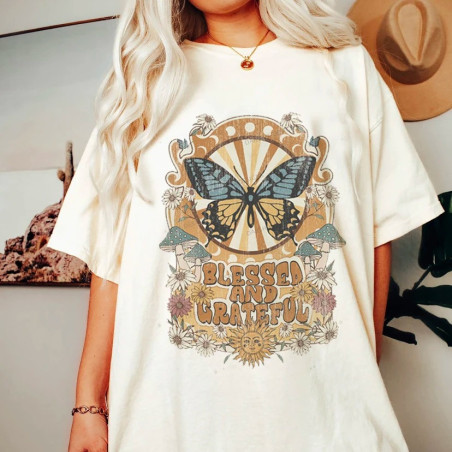 T-Shirt Papillons de couleur  "Blessed and Grateful"