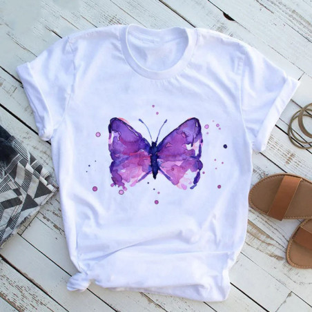T-shirt Papillon Violet Effet Peinture Lavis