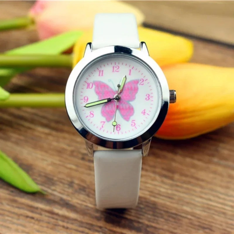 Montre Papillon Cartoon à Quartz pour enfant avec Bracelet en cuir couleur blanc