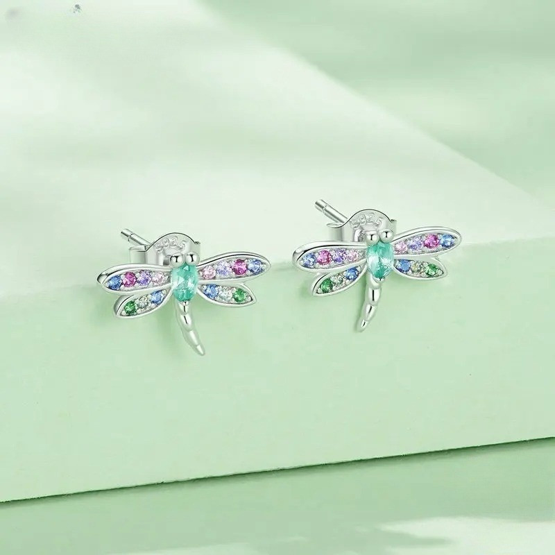 Magnifiques Boucles d'oreilles Libéllule en Argent Sterling 925 Strass Arc-en-Ciel