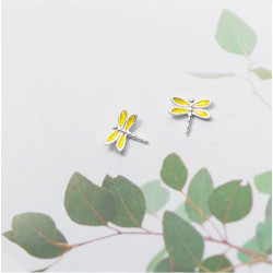 Détails complets de Boucles d'oreilles Libéllule émail Jaune et Argent Sterling 925