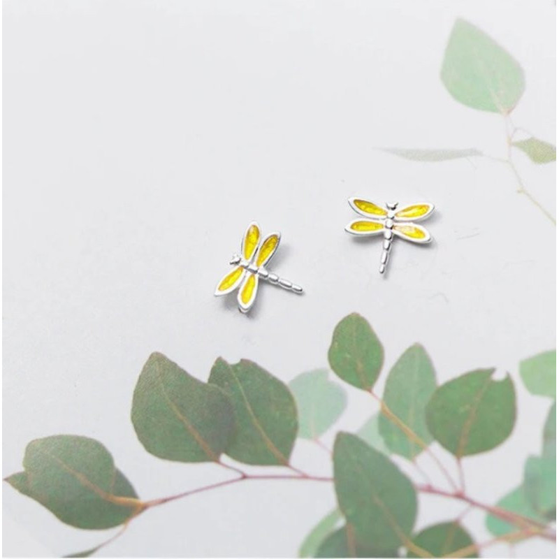 Détails complets de Boucles d'oreilles Libéllule émail Jaune et Argent Sterling 925