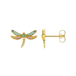Belles Boucles d'oreilles Libéllule en Argent Sterling 925 Strass Vert et Rose