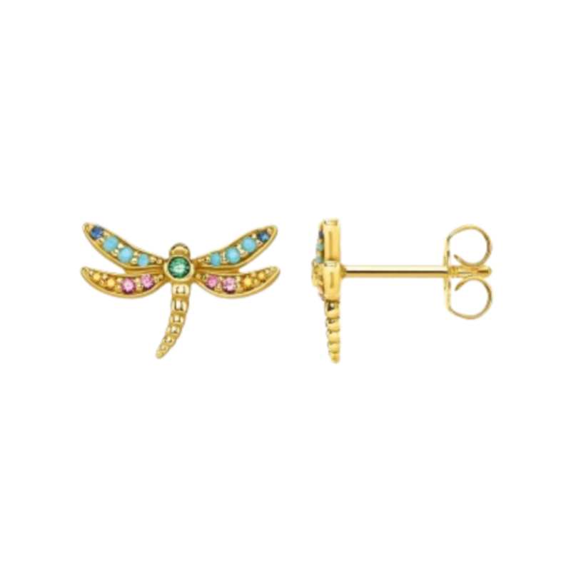 Belles Boucles d'oreilles Libéllule en Argent Sterling 925 Strass Vert et Rose