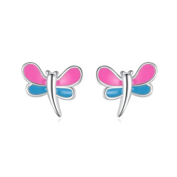 Magnifiques Boucles d'oreilles Libéllule Rose et Bleue Desing en Argent Sterling 925
