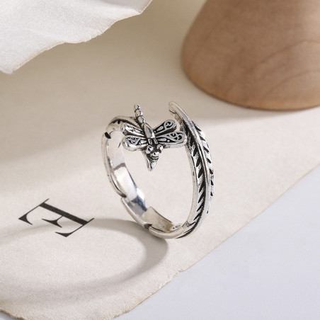 Bague Libéllule Vintage en Argent Sterling 925 Design Libellule et Feuilles couleur Argent
