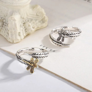 Bague Libéllule Vintage en Argent Sterling 925 Design Libellule et Feuilles - Ajustable - 2 couleurs au choix