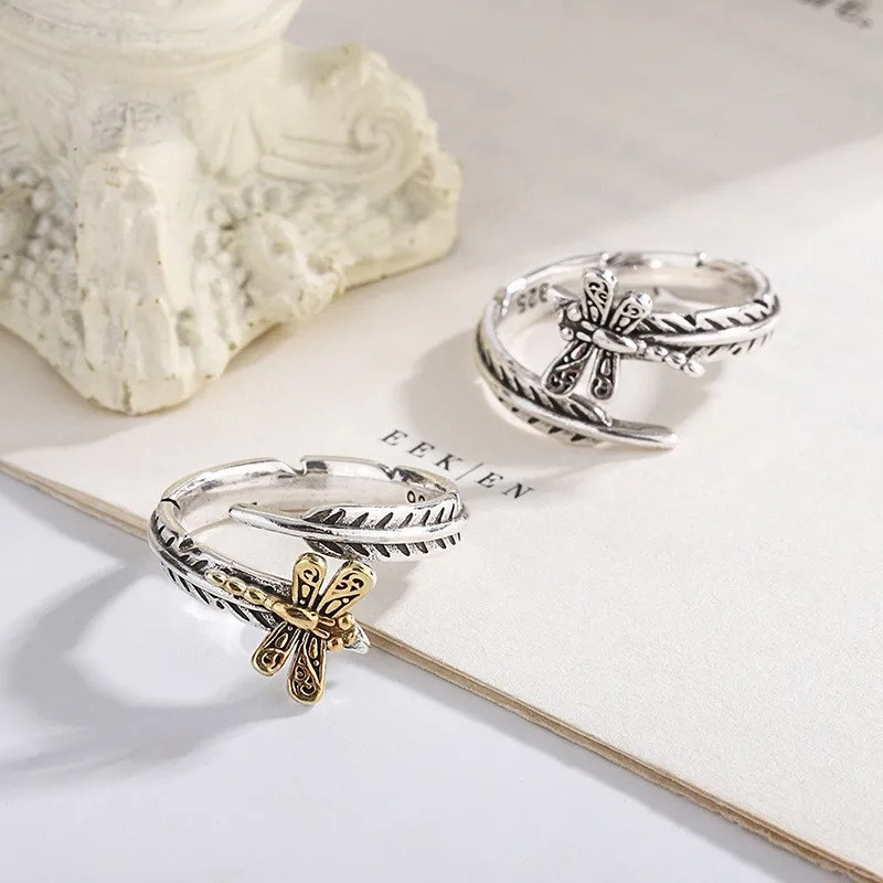 Bague Libéllule Vintage en Argent Sterling 925 Design Libellule et Feuilles - Ajustable - 2 couleurs au choix