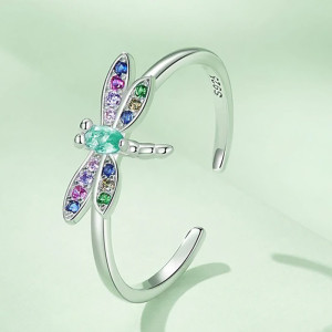 Vue côté droit Bague Libéllule en argent 925 avec ailes de libellule colorées - Ajustable !