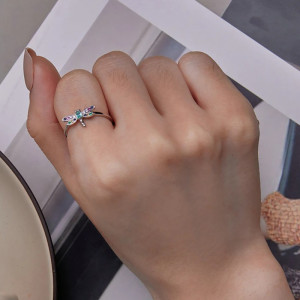 Vue générale Bague Libéllule en argent 925 avec ailes de libellule colorées - Ajustable !