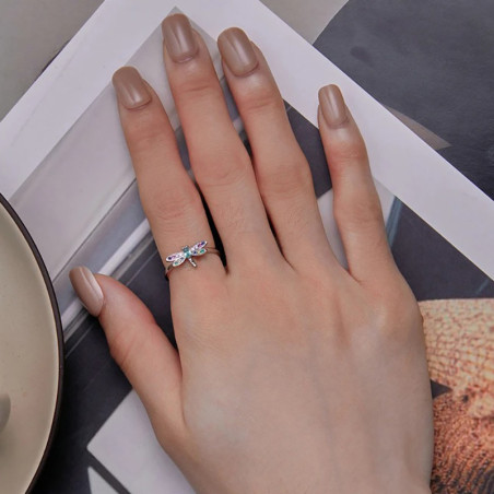 Bague Libéllule en argent 925 avec ailes de libellulea colorées - Ajustable !