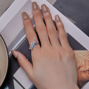 Vue Portée Bague Ouverte Libéllule en Argent Sterling 925 - Libellule Pierre Strass Arc-en-Ciel