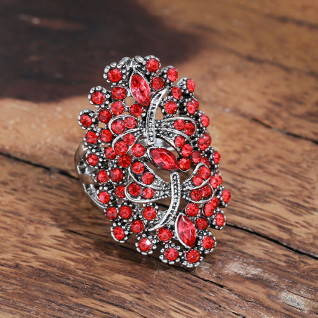 Magnifique Large Bague Libéllule Réglable Design Libellule Creuse en Cristal Rouge