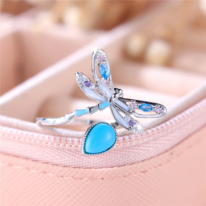 Magnifique Bague Llibéllule couleur Argent Libéllule Bleure avec goutte d'eau