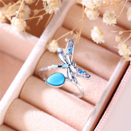 Bague Llibéllule couleur Argent Libéllule Bleure avec goutte d'eau