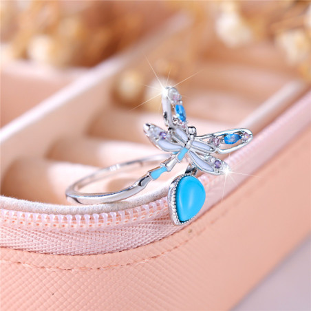 Détails de la Bague Llibéllule couleur Argent Libéllule Bleure avec goutte d'eau