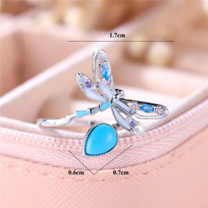 dimension de la Bague Llibéllule couleur Argent Libéllule Bleure avec goutte d'eau