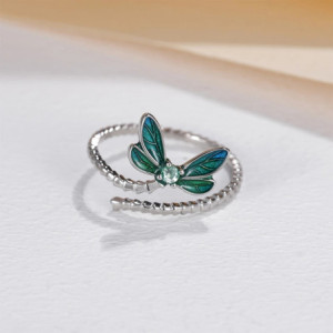 Vue générale Bague Libéllule en Argent Sterling 925 - Magnifique Libéllule Couleur d'eau - Ajustable !