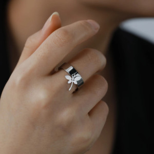 Vue Portée Bague Libéllule Design Moderner en Acier inoxydable  couleur Argent