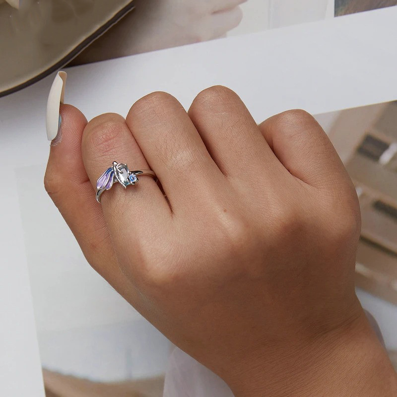 Vue Portée Bague Libéllule ouverte en Argent Sterling 925 avec cristaux Arc-en-Ciel