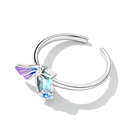 Vue générale Bague Libéllule ouverte en Argent Sterling 925 avec cristaux Arc-en-Ciel