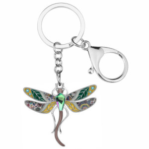 Porte-clés Libéllule Florale en émail et strass - 4cm x 4.4cm  couleur vert