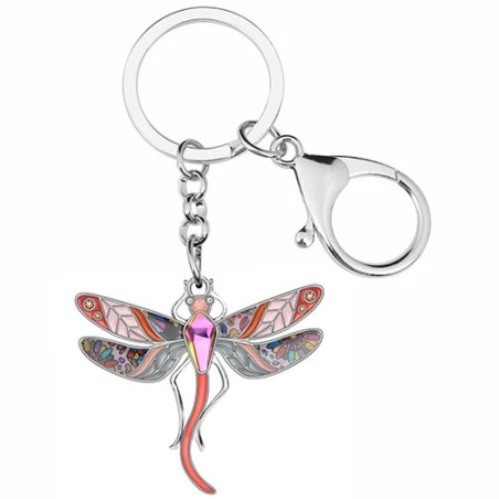 Porte-clés Libéllule Florale en émail et strass - 4cm x 4.4cm  couleur Rouge