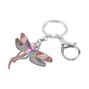 Vue de côté Porte-clés Libéllule Florale en émail et strass - 4cm x 4.4cm  couleur Rouge