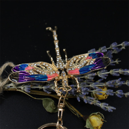 Vue de face Porte-clés Magnifique Libéllule en Cristal et Strass Multicolore