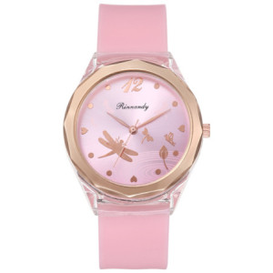 Montre Libéllule avec bracelet en Silicone  couleur Rose