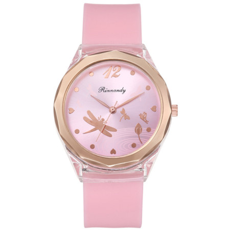 Montre Libéllule avec bracelet en Silicone  couleur Rose