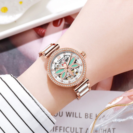 Vue Portée Montre Libéllule Verte Montre-bracelet mécanique étanche Strass pour Femme Couleur Multi