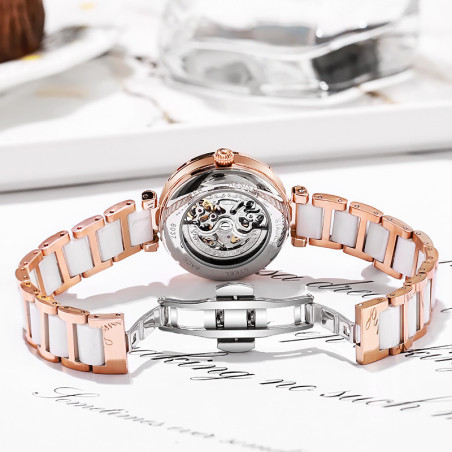 Vue Dos de la Montre Libéllule Rose Montre-bracelet mécanique étanche Strass pour Femme