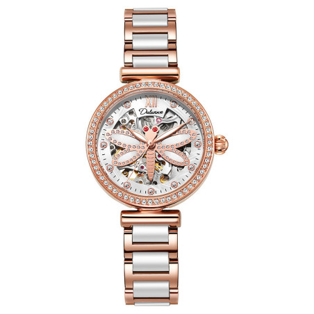 Montre Libéllule Rose Montre-bracelet mécanique étanche Strass pour Femme Couleur multicolore