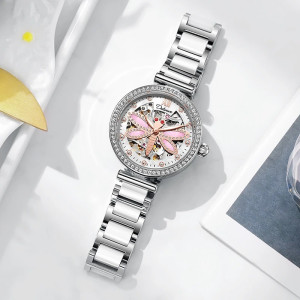Montre Libéllule Rose Montre-bracelet mécanique étanche Strass pour Femme