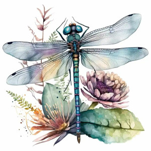 Autocollant Mural PVC Libellule Bleue et Fleurs - 5 tailles disponibles