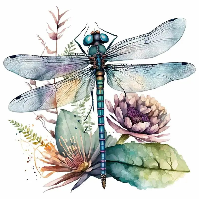 Autocollant Mural PVC Libellule Bleue et Fleurs - 5 tailles disponibles