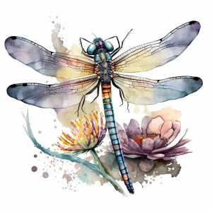Vue générale Autocollant Mural PVC Libellule et Fleurs Pourpres - 5 tailles disponibles